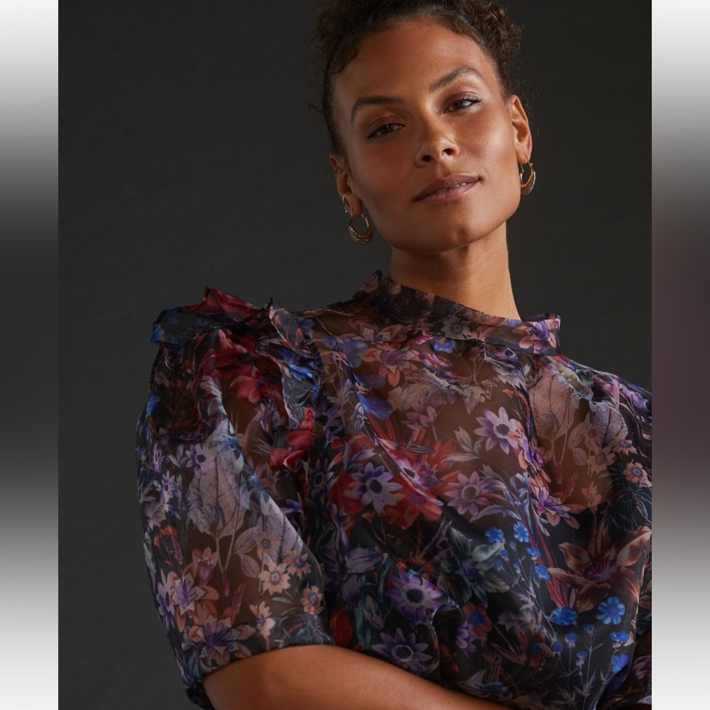 Anthropologie Maeve Puff-Sleeved Organza Blouse